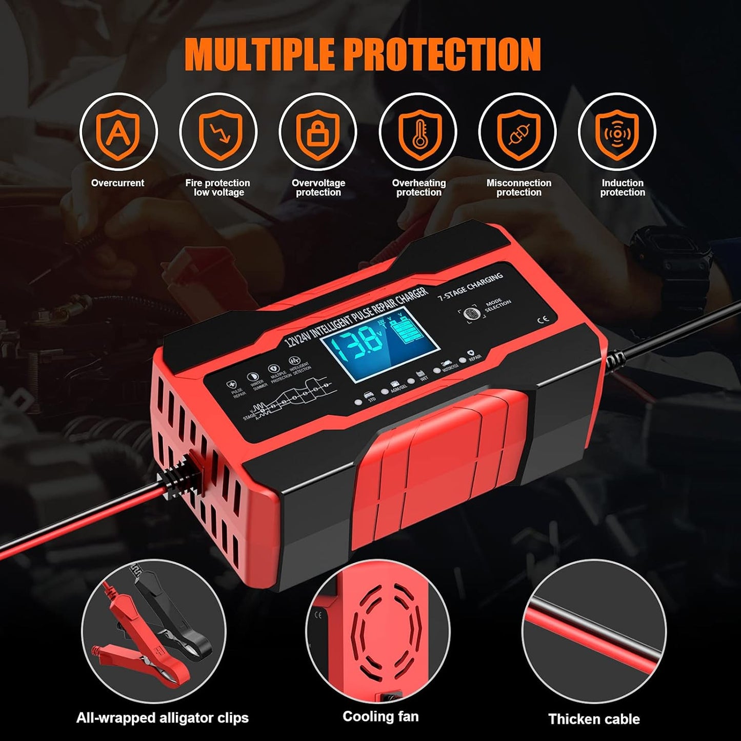 YONHAN battery charger multiple protection features including overcurrent, fire protection, overvoltage, overheating, misconnection, and induction protection. The all-wrapped alligator clips, cooling fan, and thickened cable enhance safety and durability for dependable battery maintenance.