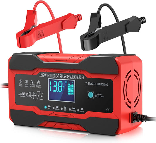 YONHAN fully automatic battery charger front view showcasing its digital display, control buttons, and clamps. This smart charger ensures optimal performance with temperature compensation and multi-stage charging for various battery types.