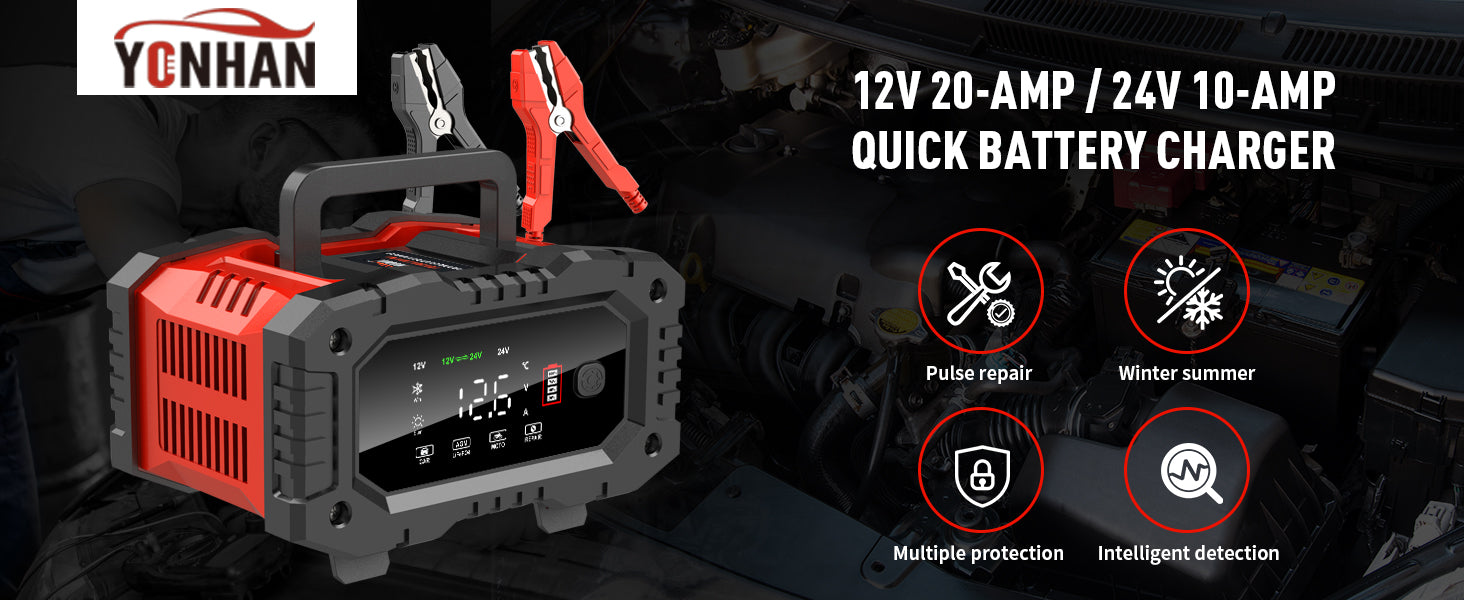 YONHAN 12V 20-Amp / 24V 10-Amp Quick Battery Charger - Features Pulse Repair, Winter and Summer Modes, Multiple Protection, and Intelligent Detection