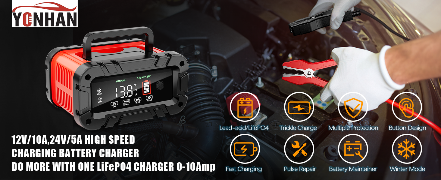 YONHAN 12V/10A, 24V/5A High-Speed Battery Charger - Features Trickle Charge, Pulse Repair, Multiple Protection, Battery Maintainer, Winter Mode, and Fast Charging for Lead-Acid and LiFePO4 Batteries