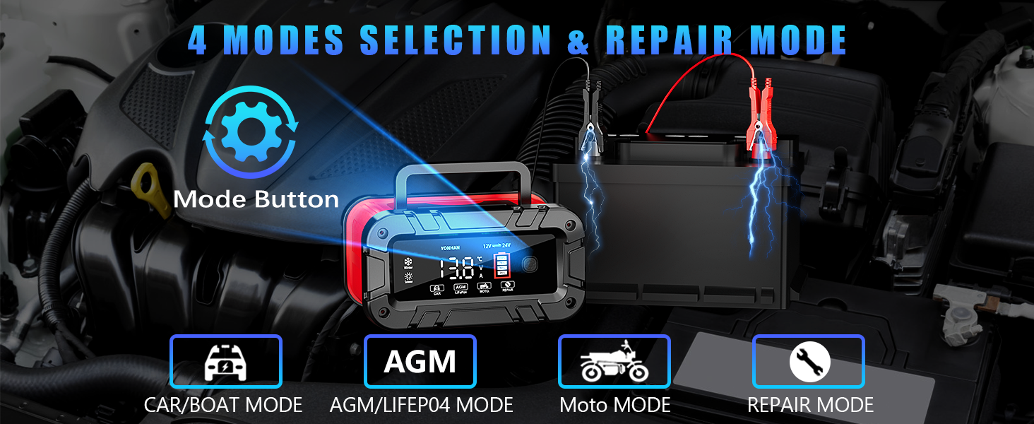 YONHAN Battery Charger - 4 Modes Selection Including Car/Boat Mode, AGM/LiFePO4 Mode, Moto Mode, and Repair Mode with Dedicated Mode Button for Easy Operation