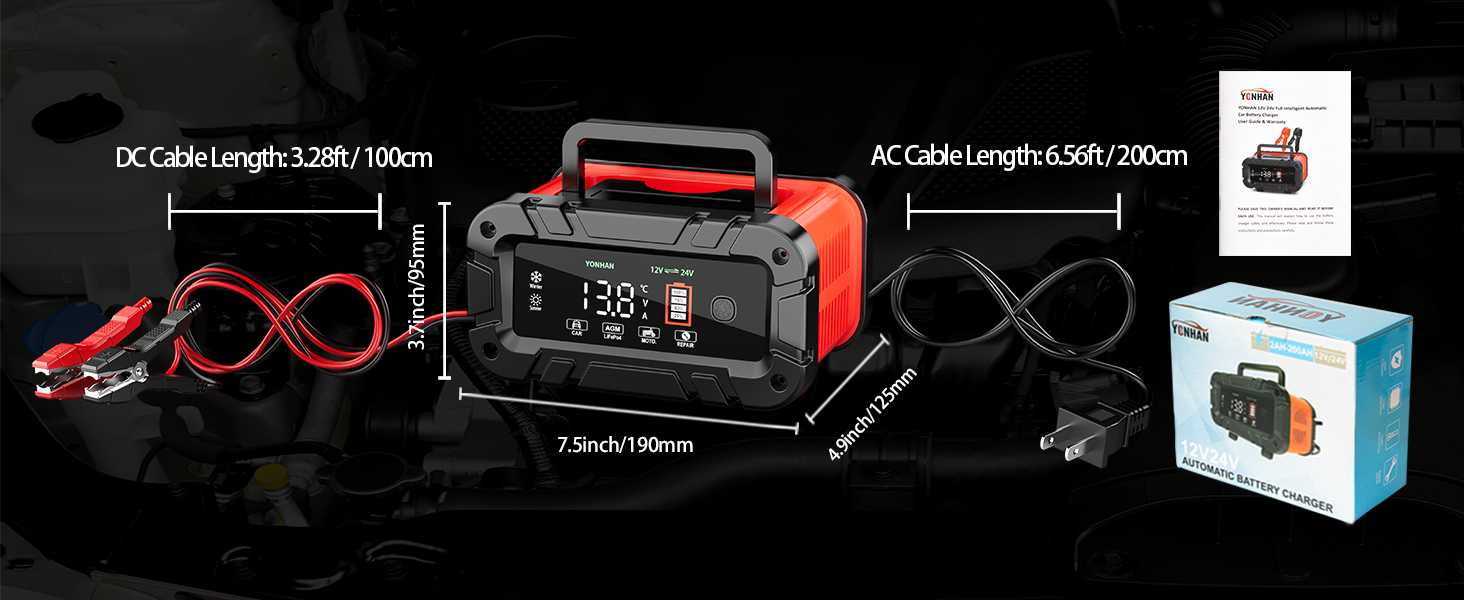 YONHAN Battery Charger - Dimensions and Accessories Including DC Cable (3.28ft/100cm), AC Cable (6.56ft/200cm), User Manual, and Packaging for 12V/24V Automatic Charger