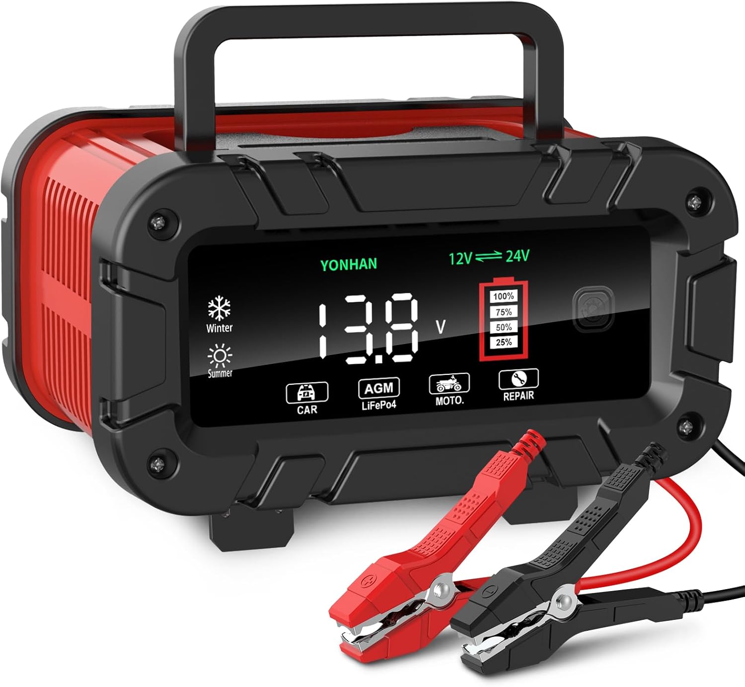 YONHAN 10A 12V/24V Fully Automatic Battery Charger - Compact Design with LCD Display and Charging Clamps for Cars, Motorcycles, and LiFePO4 Batteries