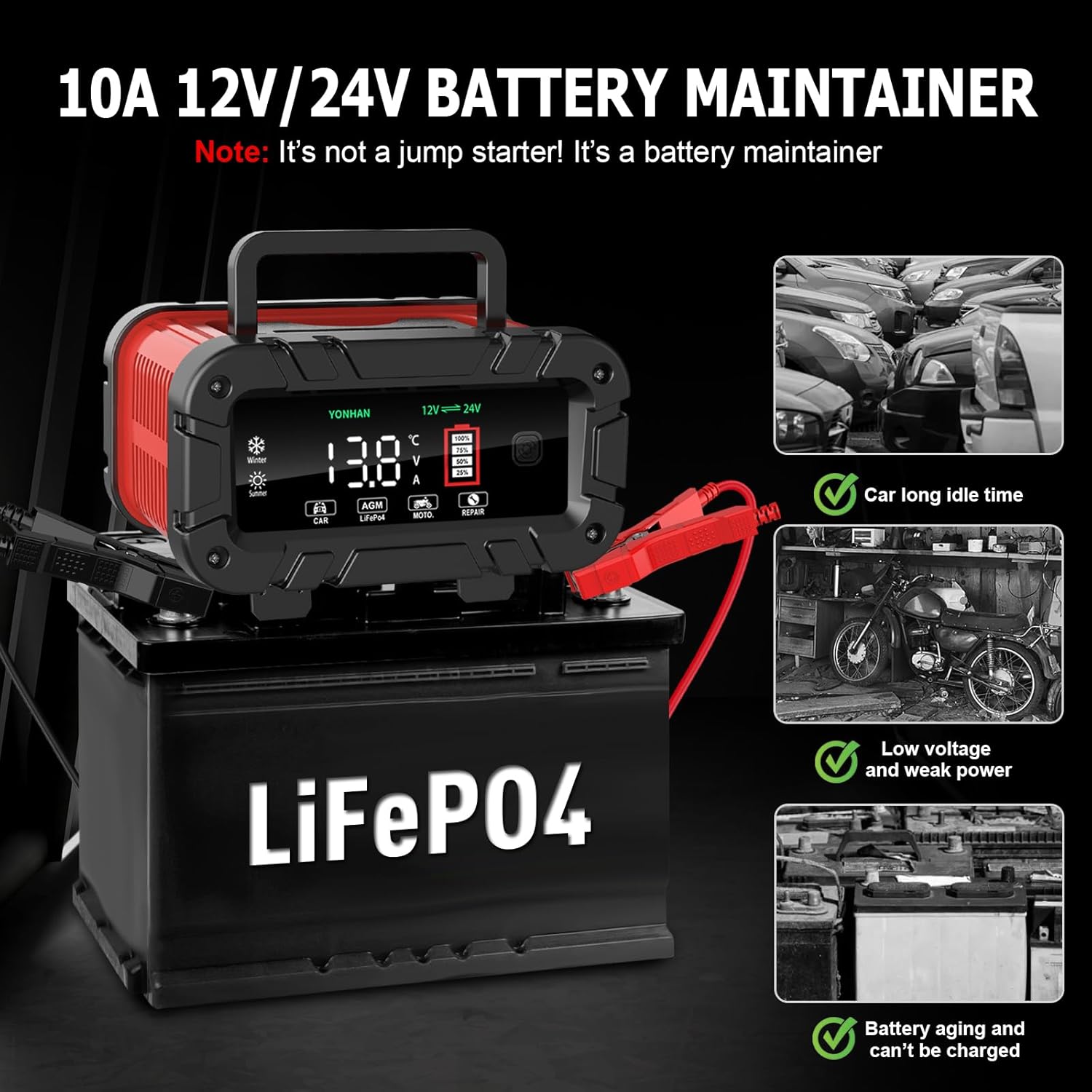 YONHAN 10A 12V/24V Battery Maintainer - Compatible with LiFePO4 Batteries, Designed for Long Idle Times, Low Voltage, and Battery Aging Prevention