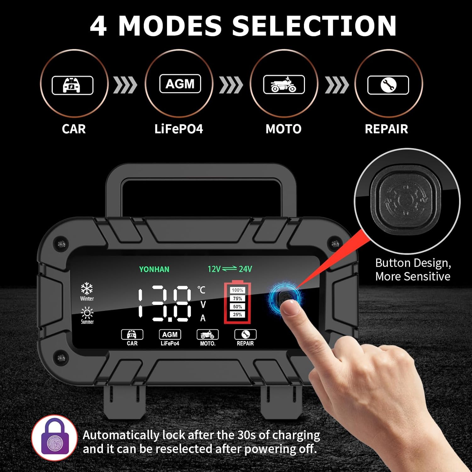 YONHAN 10A Battery Charger - 4 Modes Selection for Car, LiFePO4, Motorcycle, and Repair with Sensitive Button Design and Automatic Lock Feature