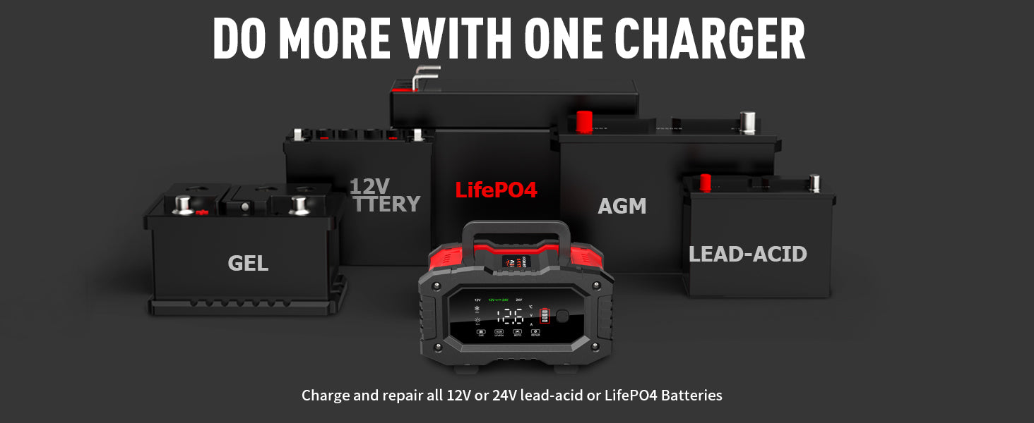 YONHAN Battery Charger - Compatible with 12V and 24V Lead-Acid, GEL, AGM, and LiFePO4 Batteries for Charging and Repair