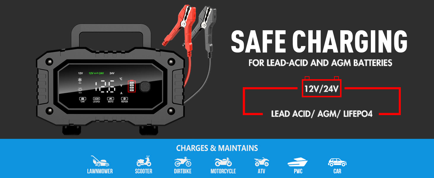 YONHAN Battery Charger - Safe Charging for 12V/24V Lead-Acid, AGM, and LiFePO4 Batteries; Charges and Maintains Cars, Lawnmowers, Scooters, Motorcycles, ATVs, and PWC