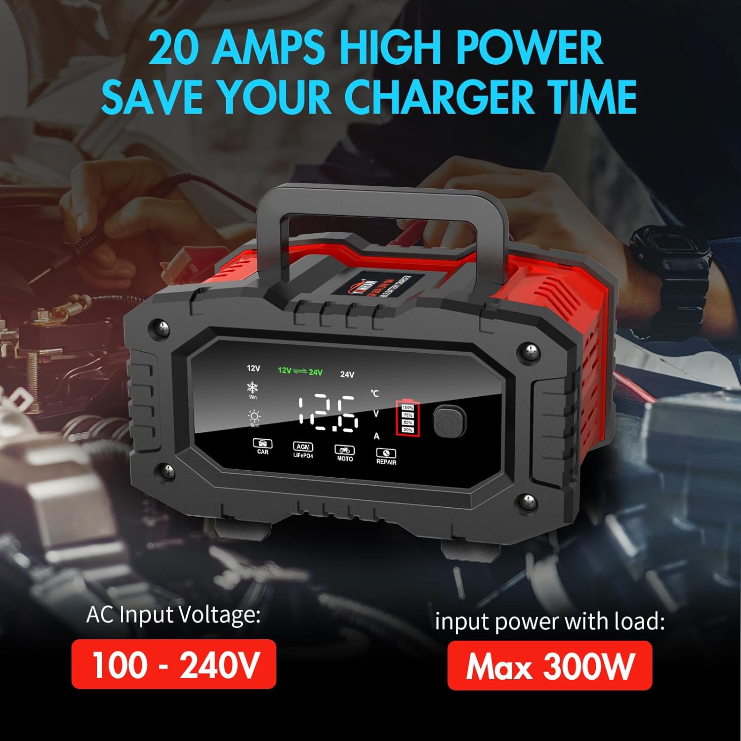 YONHAN 20A High Power Battery Charger - Fast Charging for 12V/24V Batteries with 100-240V Input and 300W Maximum Load