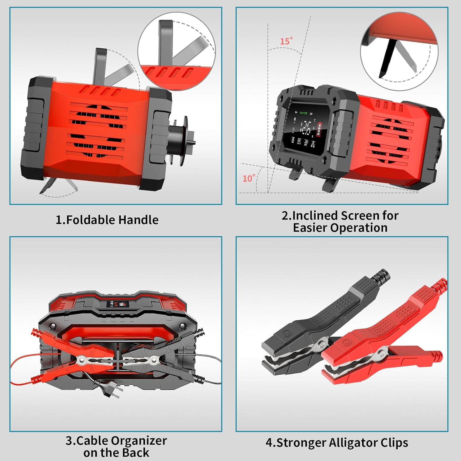 YONHAN 20A Battery Charger - Foldable Handle, Inclined Screen for Easy Operation, Cable Organizer, and Durable Alligator Clips